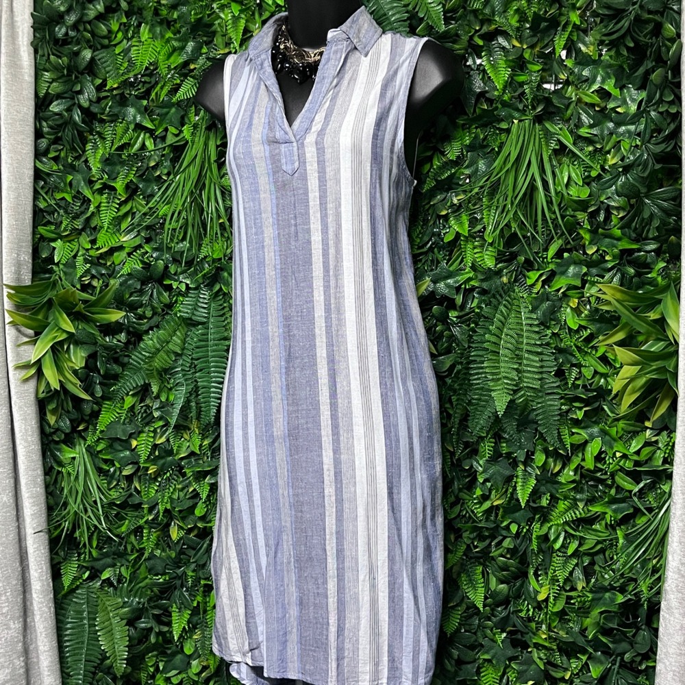 Beachlunchlounge Dress XS Blue Striped Linen Blend Sleeveless Shift Coastal 3724